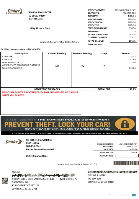 USA City of Sumter South Carolina water business utility bill template in Word and PDF formats